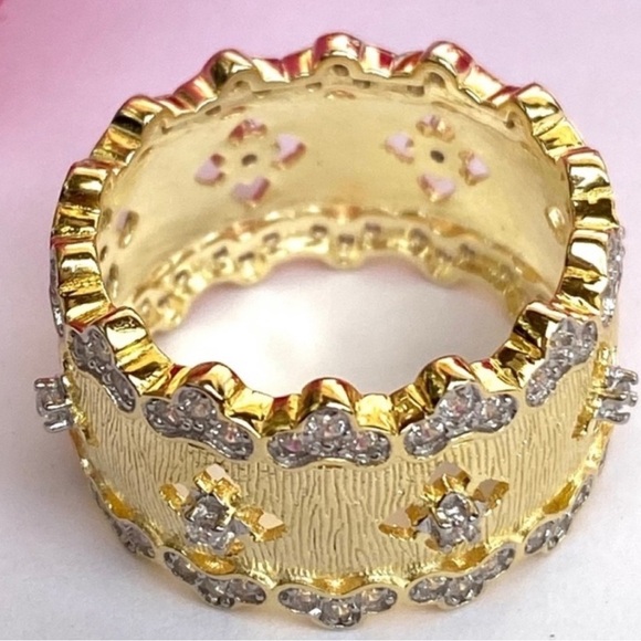 14k Yellow Gold over 925 Silver Wide Band Ring with White Crystals Band Ring 8 - Picture 7 of 15